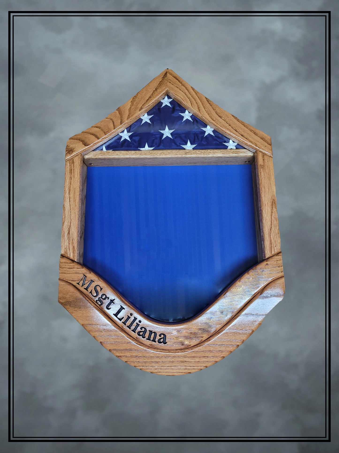 Air Force Oak MSgt Shadowbox with Lower Stripe Engraving, Flag, and Golden Oak stain