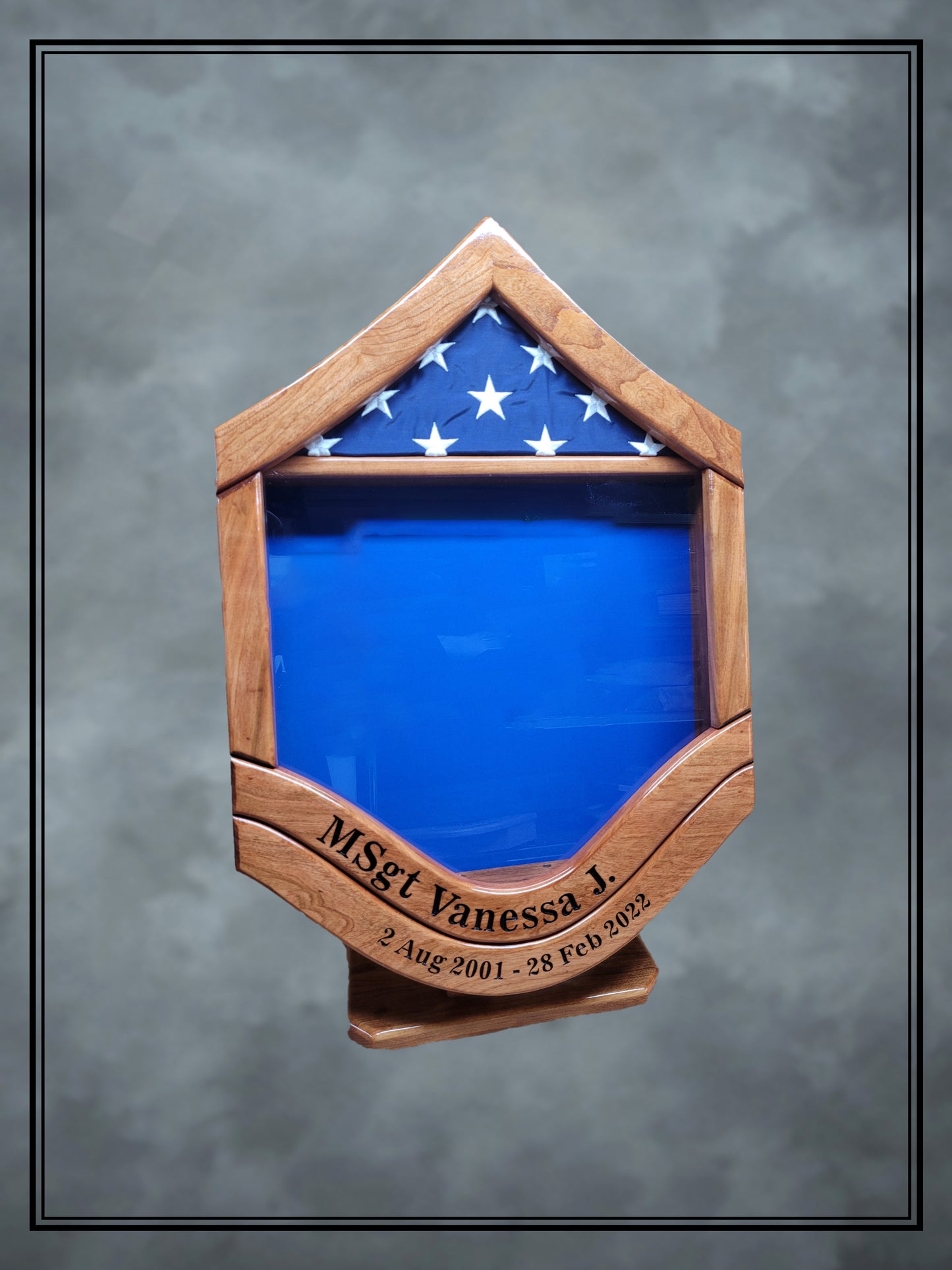 Air Force Cherry MSgt Shadowbox with Lower Stripe Engraving, Stand, and Cherry Stain