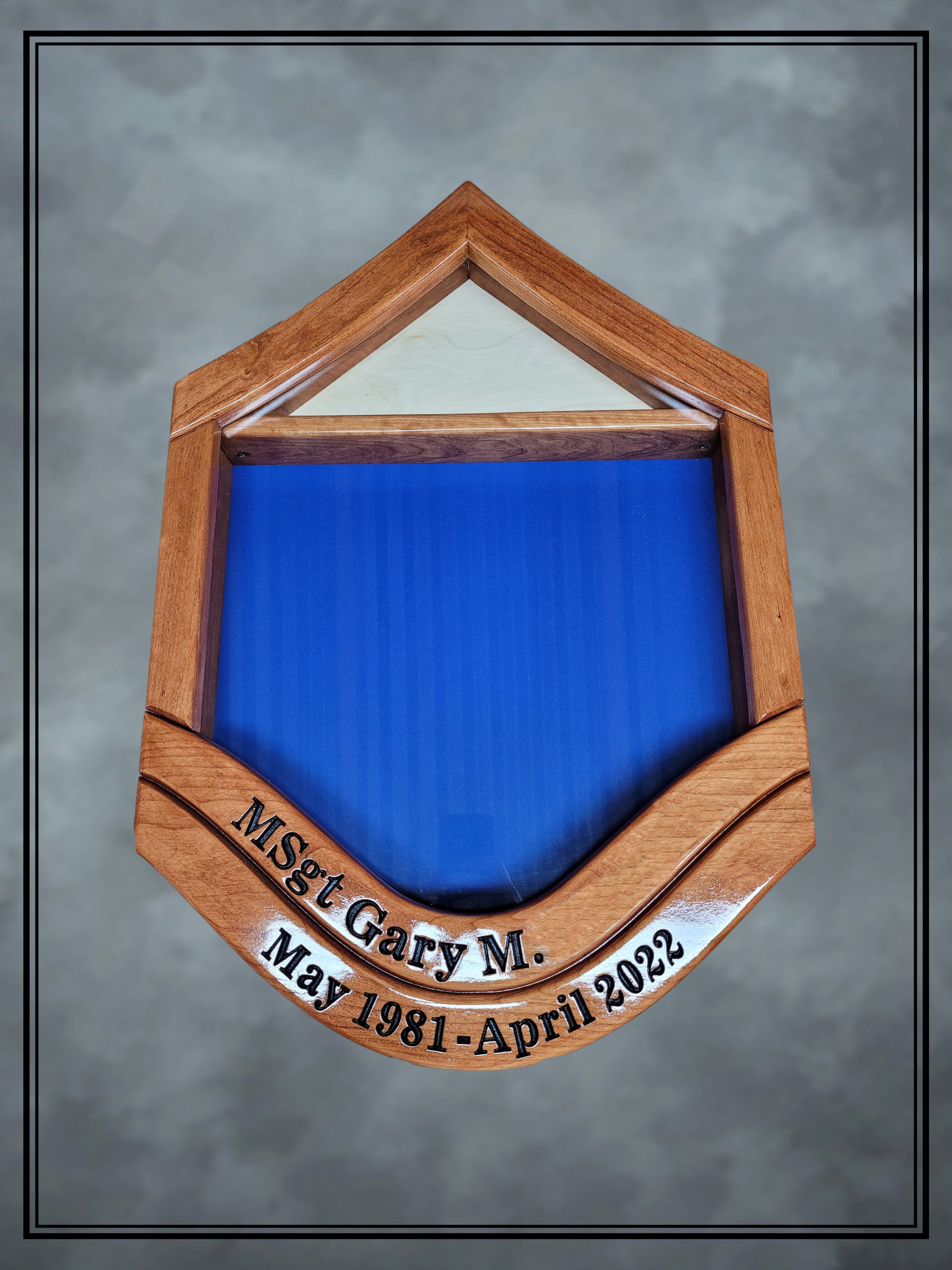 Air Force Cherry MSgt Shadowbox with Lower Stripe Engraving and Cherry Stain