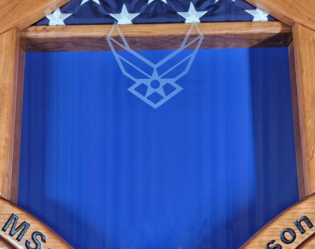Air Force MSgt Shadowbox with Air Force Logo Laser Engraved on the Glass