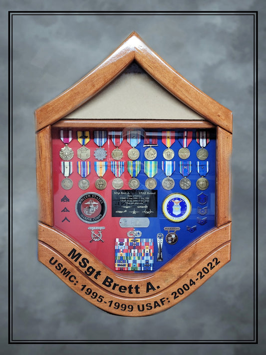 Air Force Cherry MSgt Shadowbox with Lower Stripe Engraving and Cherry Stain