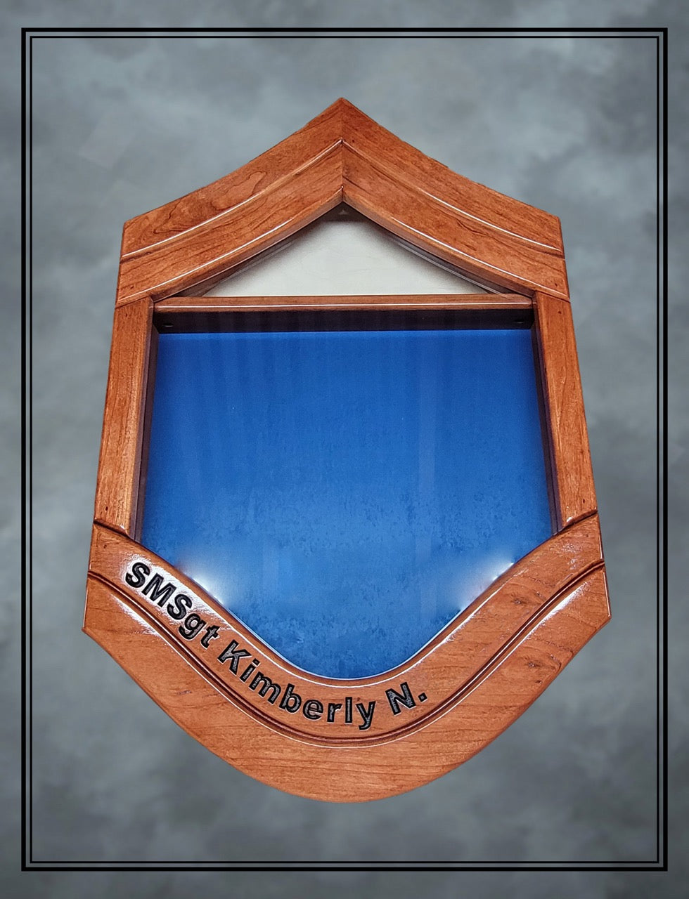 Air Force Cherry SMSgt Shadowbox with Lower Stripe Engraving and Cherry Stain