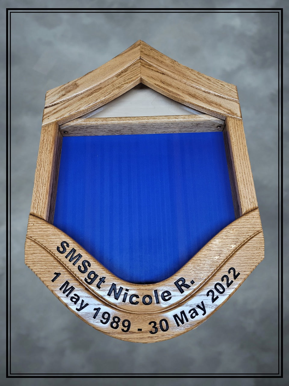 Air Force Oak SMSgt Shadowbox with Lower Stripe Engraving and Golden Oak Stain