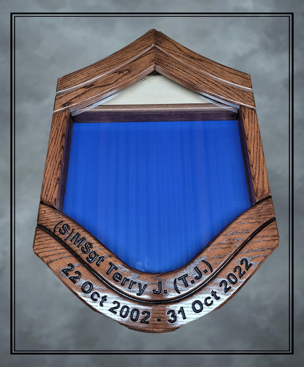 Air Force Oak SMSgt Shadowbox with Lower Stripe Engraving and Dark Walnut Stain