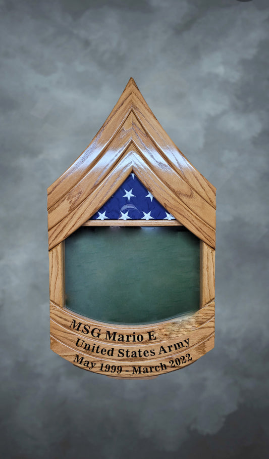 Oak Army MSG Shadowbox with Flag and Engraving