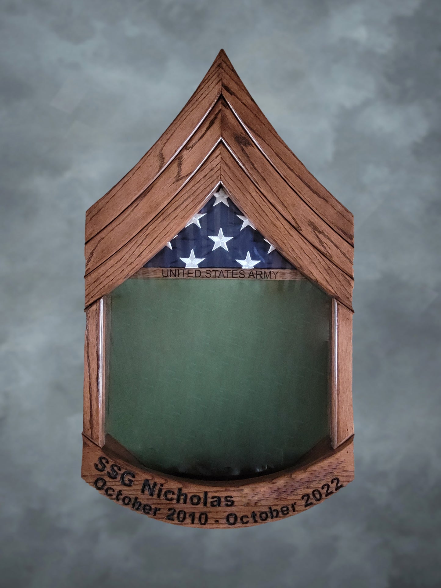 Oak Army SSG Shadowbox with Flag, Dark Walnut Stain, and Engraving