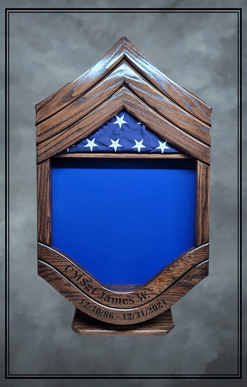 Air Force Oak CMSgt Shadowbox with Lower Stripe Engraving and Dark Walnut Stain and Stand