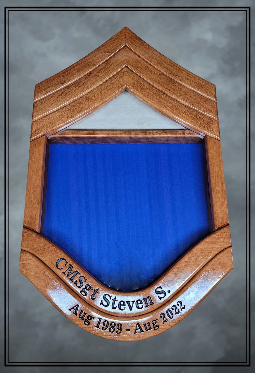 Air Force Cherry CMSgt Shadowbox with Lower Stripe Engraving and Cherry Stain