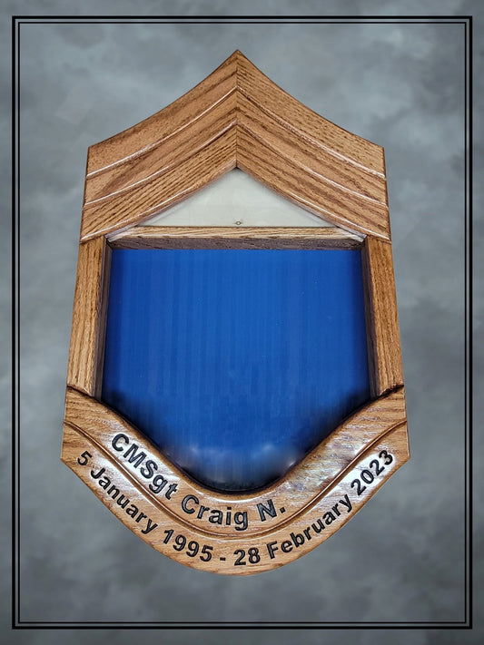 Air Force Oak CMSgt Shadowbox with Lower Stripe Engraving and Golden Oak Stain