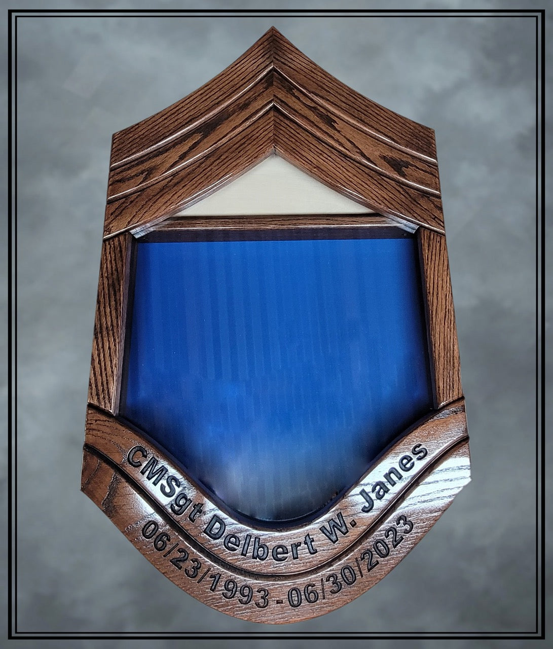 Air Force Oak CMSgt Shadowbox with Lower Stripe Engraving and Dark Walnut Stain