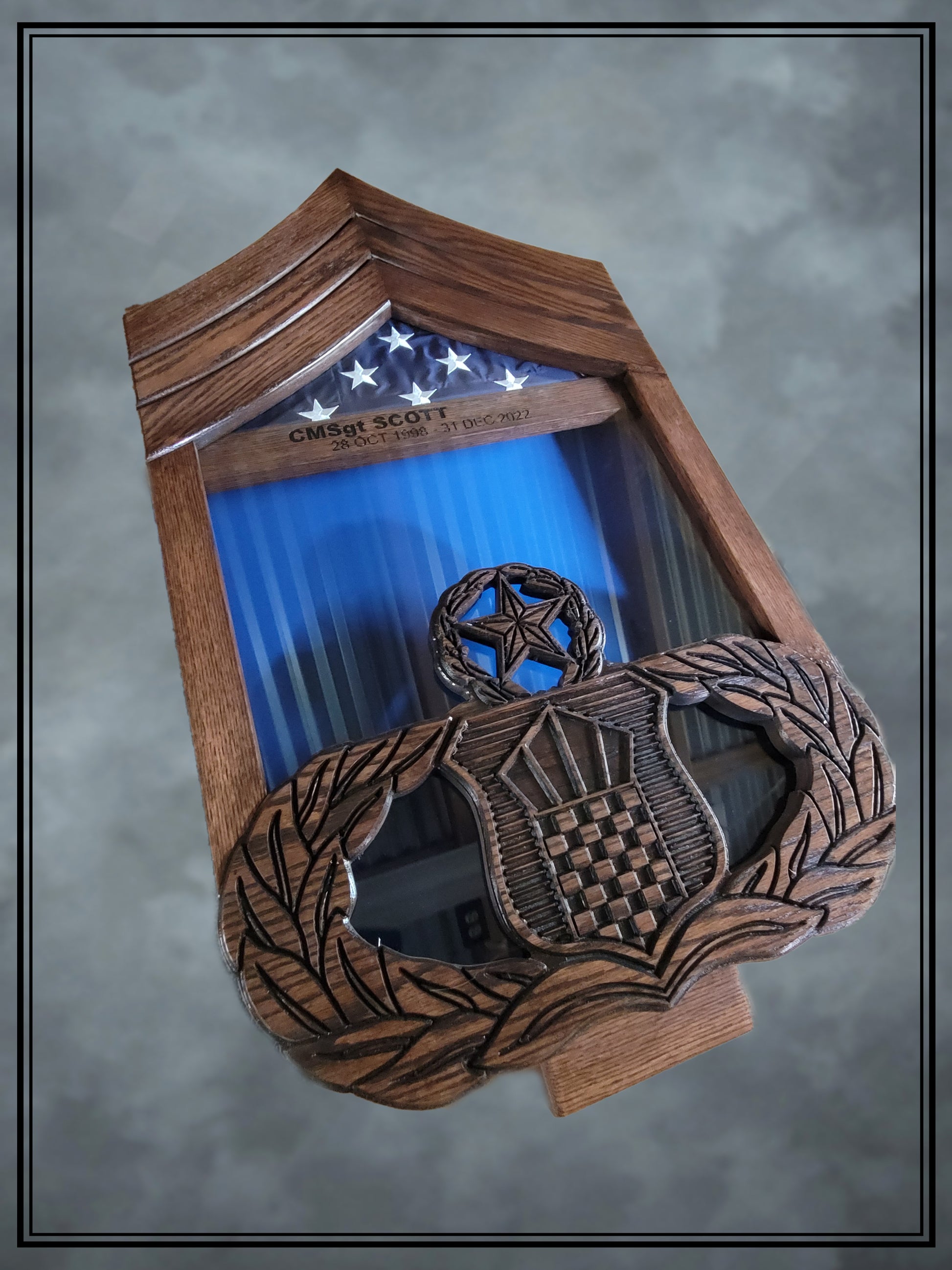 Air Force CMSgt Oak Shadowbox with Air Traffic Controller Badge