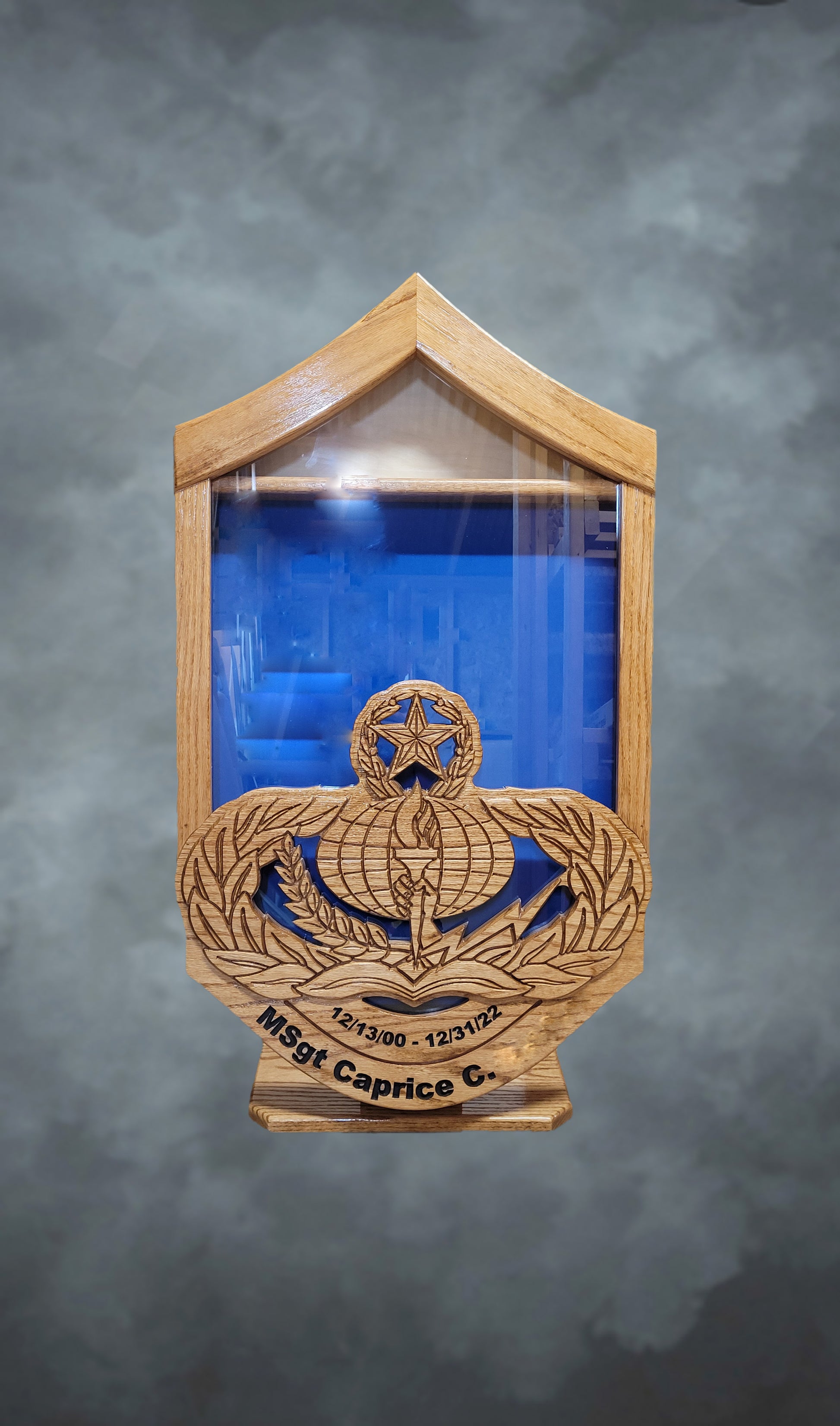 Air Force Function Badge MSgt Oak Shadowbox with Golden Oak Stain