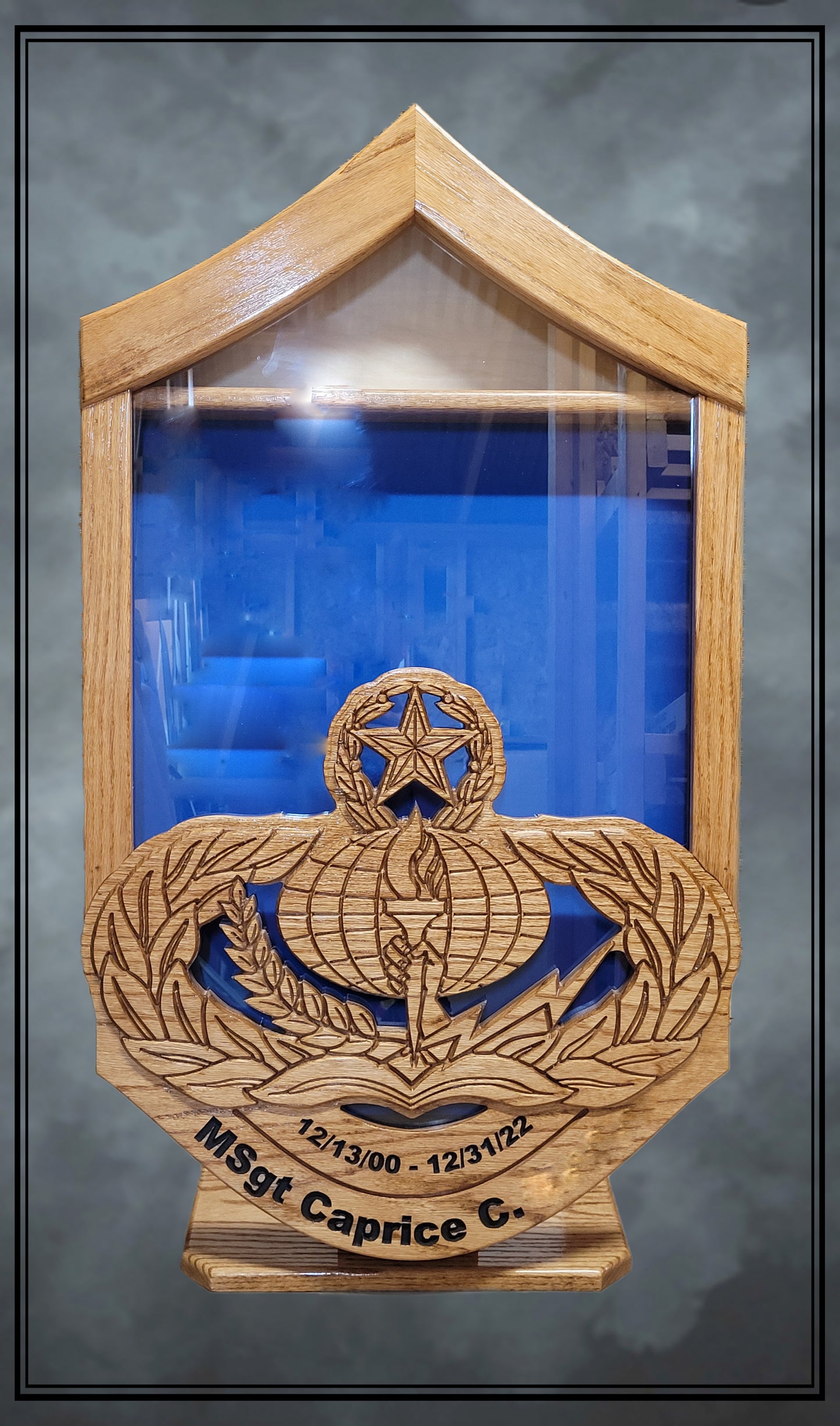 Air Force Function Badge MSgt Oak Shadowbox with Golden Oak Stain