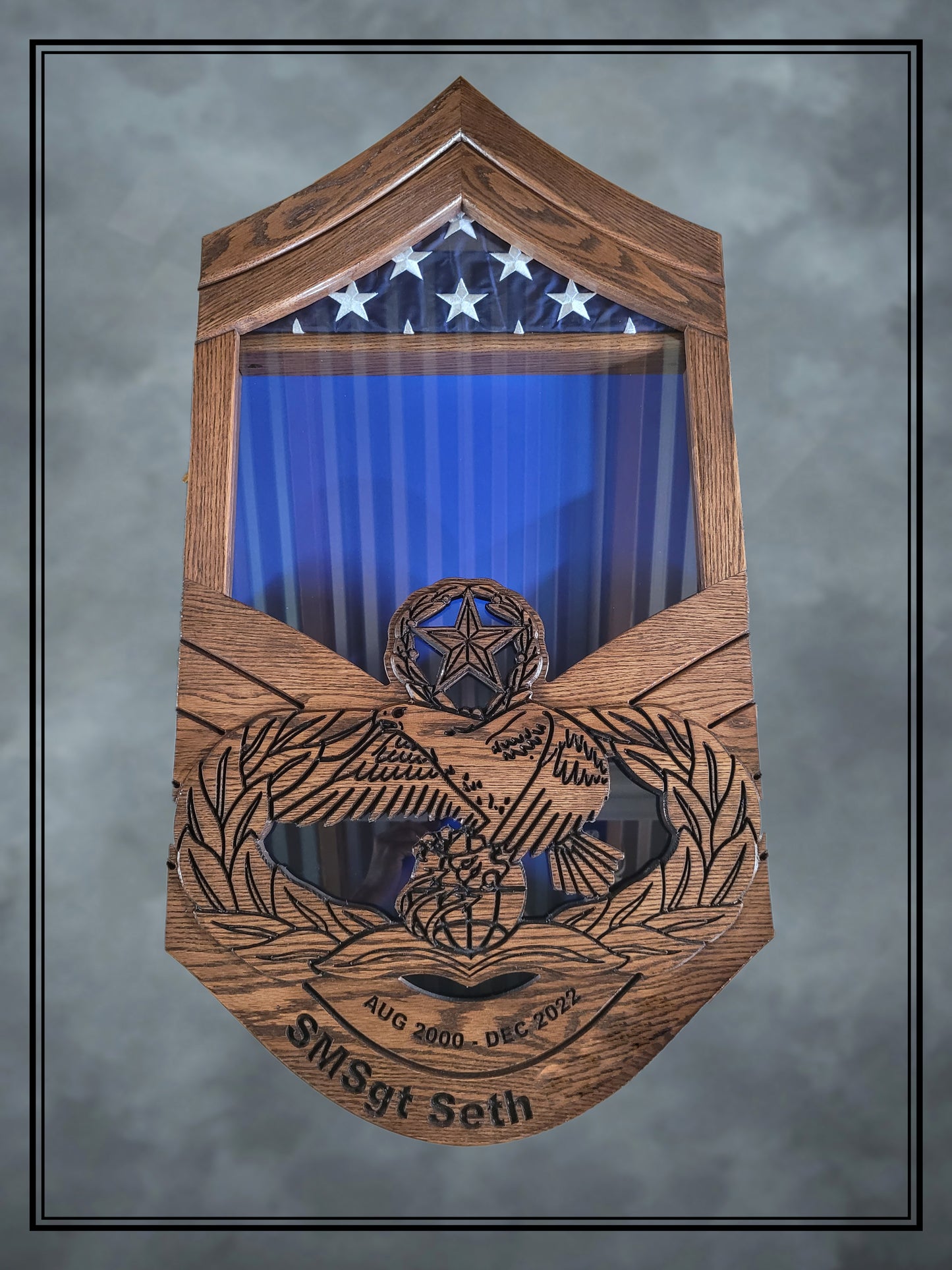 Air Force Full Face SMSgt Shadowbox with Function Badge and Lower Stripe Engraving