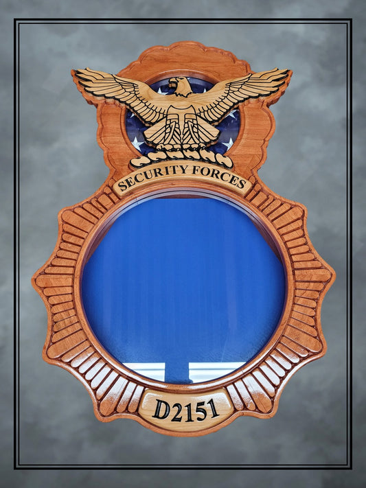 Cherry Air Force Security Forces Shadowbox with Blue Background