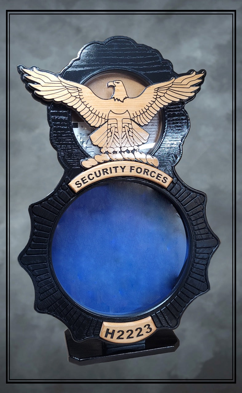 Oak Air Force Security Forces Shadowbox with Blue Background and painted black