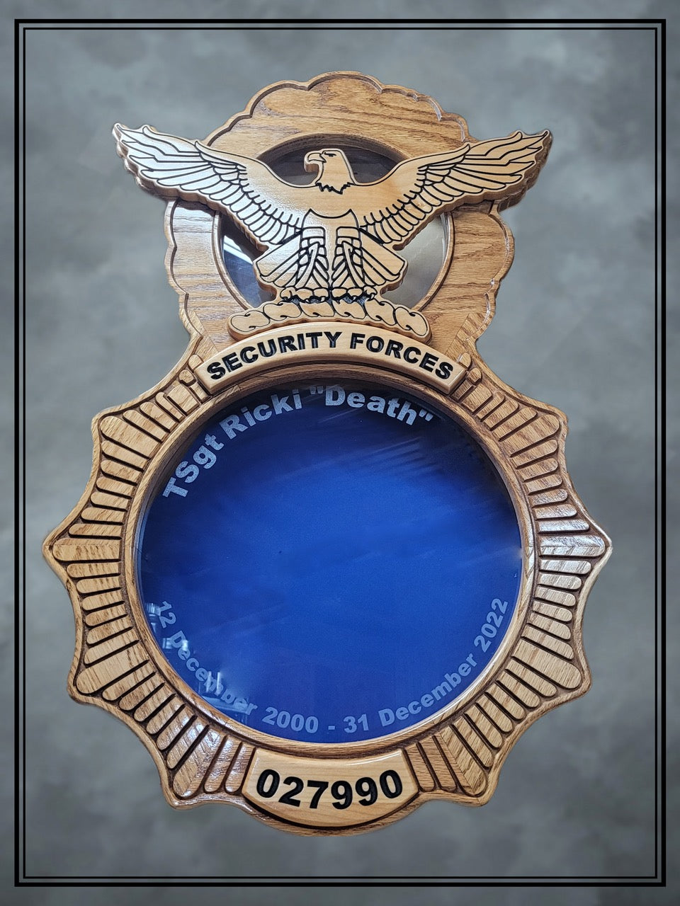 Oak Air Force Security Forces Shadowbox with Blue Background, Golden Oak Stain, and Lasered Glass